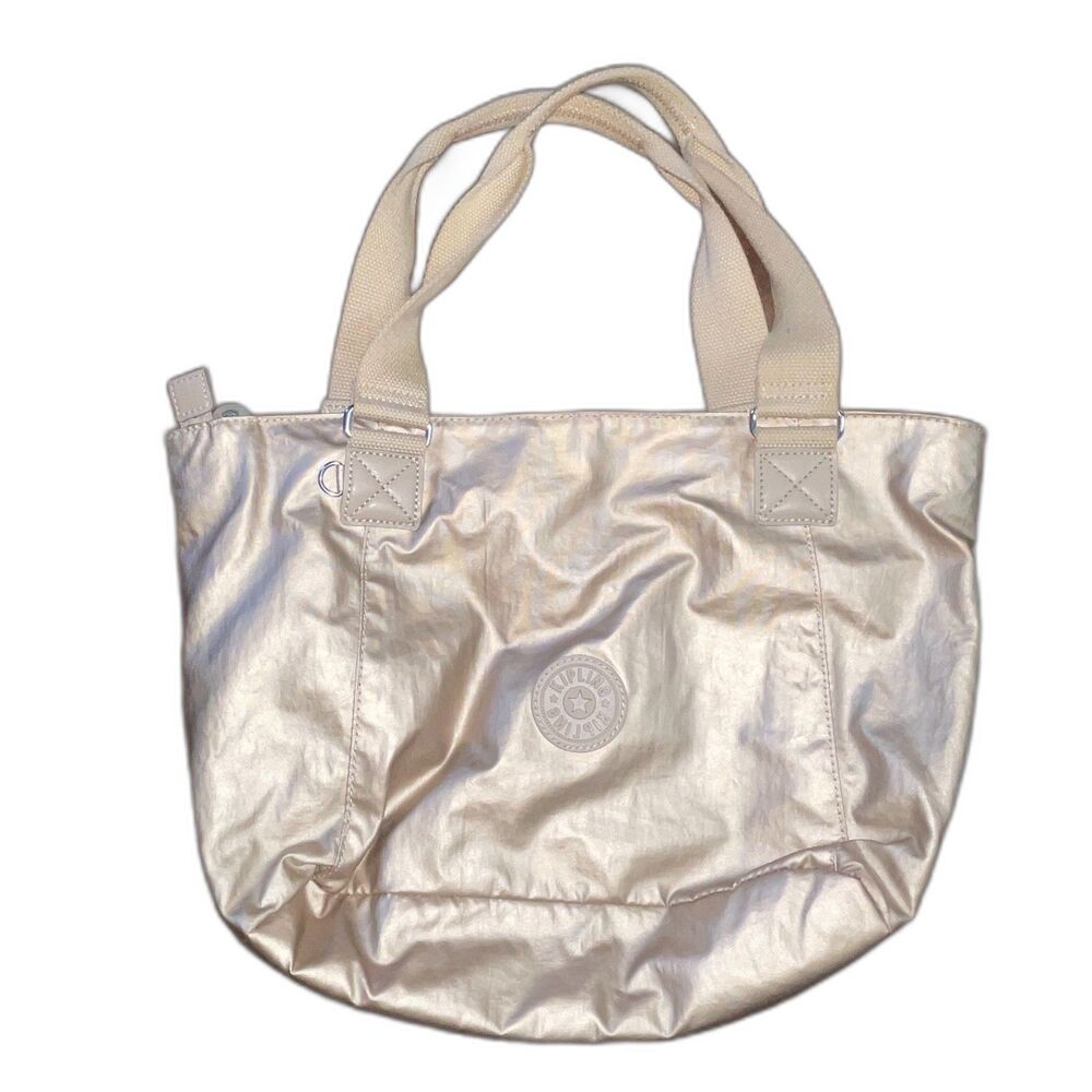 Kipling New Shopper Metallic Gold Tote Bag Polka Dot Lining Y2K